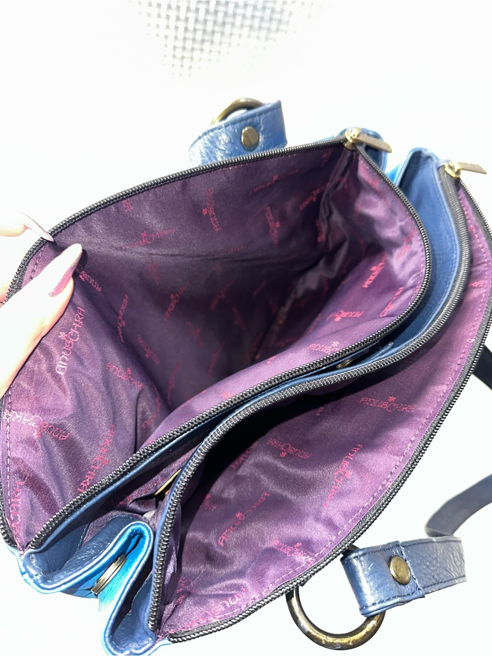 Anuschka Blue Floral Leather Shoulder Bag with Navy Straps - Picture 9 of 12